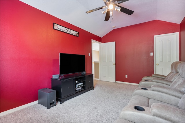 living room featuring vaulted ceiling, carpet, and baseboards