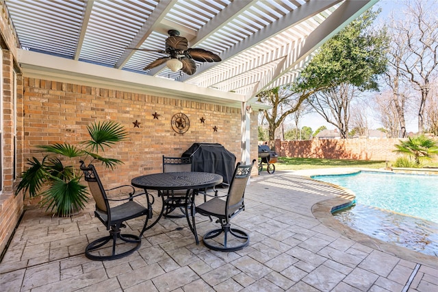 view of patio with a fenced in pool, outdoor dining area, area for grilling, fence, and a pergola