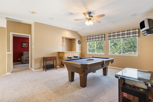 playroom featuring baseboards, visible vents, vaulted ceiling, and carpet flooring