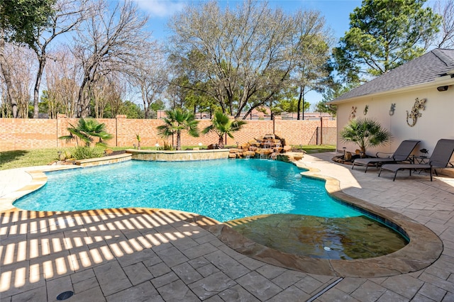 view of swimming pool with a patio, a fenced backyard, and a fenced in pool