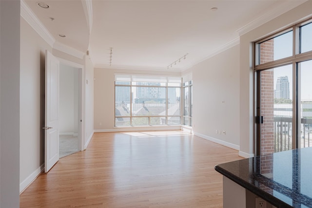 spare room featuring ornamental molding, track lighting, and light hardwood / wood-style flooring