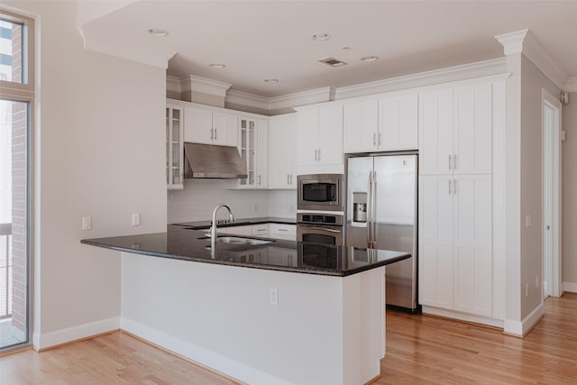 kitchen with sink, appliances with stainless steel finishes, white cabinets, decorative backsplash, and kitchen peninsula