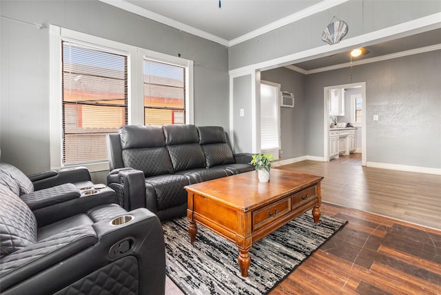 living room with dark hardwood / wood-style flooring, crown molding, and a wall mounted AC