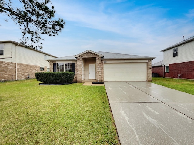 ranch-style house with cooling unit, a garage, and a front lawn