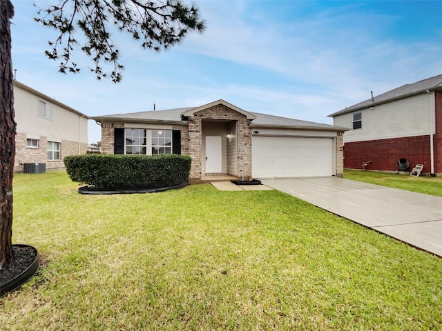 single story home with a garage, central AC, and a front yard