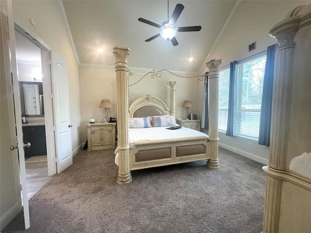 bedroom with ceiling fan, ornamental molding, carpet flooring, and vaulted ceiling