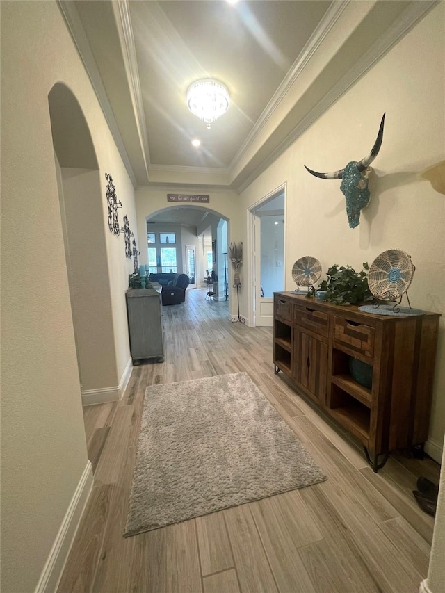 hallway featuring a raised ceiling, ornamental molding, and light wood-type flooring