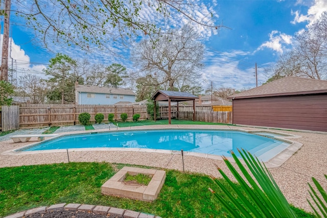 view of pool with a gazebo, a diving board, and an outdoor fire pit