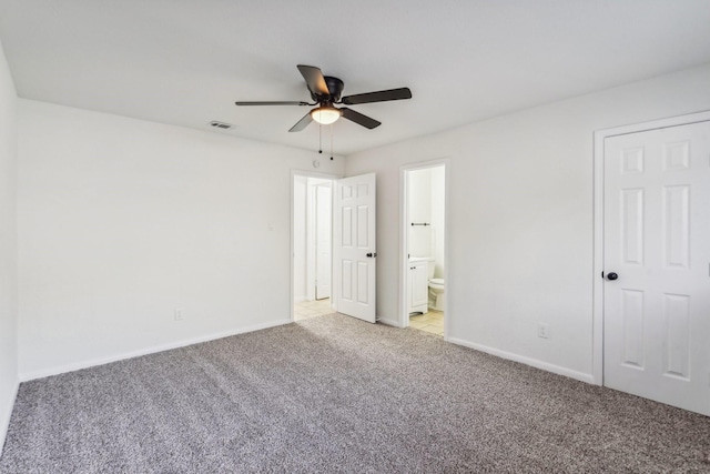 unfurnished bedroom featuring ceiling fan and light carpet