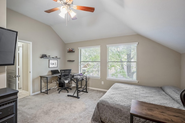 bedroom with lofted ceiling, light carpet, and ceiling fan