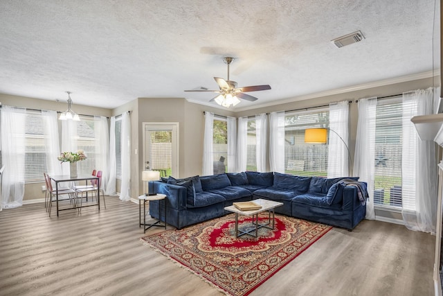 living room with ceiling fan, hardwood / wood-style flooring, a wealth of natural light, and a textured ceiling