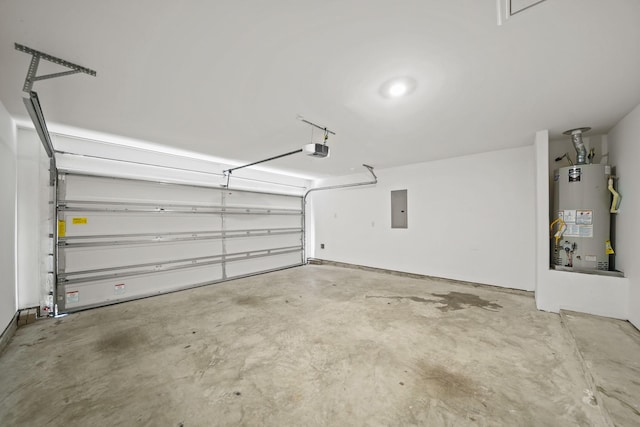 garage featuring a garage door opener, electric panel, and water heater