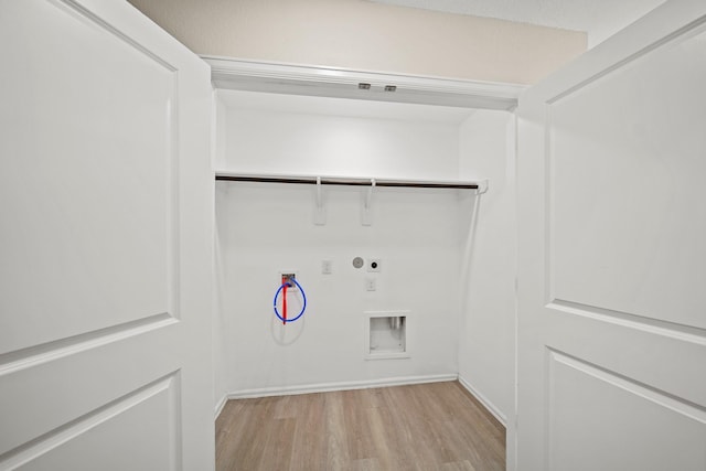 washroom with hookup for a washing machine, gas dryer hookup, hookup for an electric dryer, and light wood-type flooring