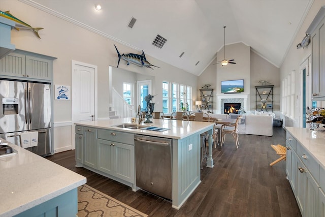kitchen featuring sink, high vaulted ceiling, dark hardwood / wood-style flooring, an island with sink, and stainless steel appliances