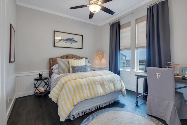bedroom featuring crown molding, ceiling fan, and dark hardwood / wood-style flooring
