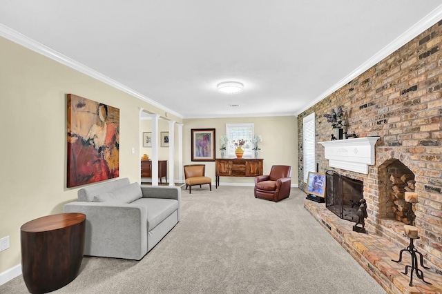 carpeted living room featuring a brick fireplace and crown molding