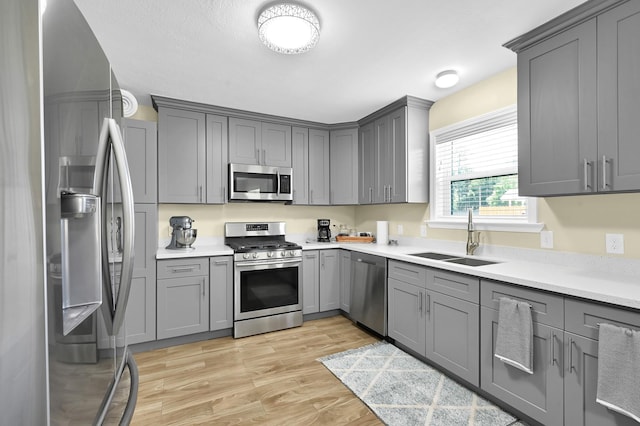 kitchen with gray cabinets, appliances with stainless steel finishes, and sink