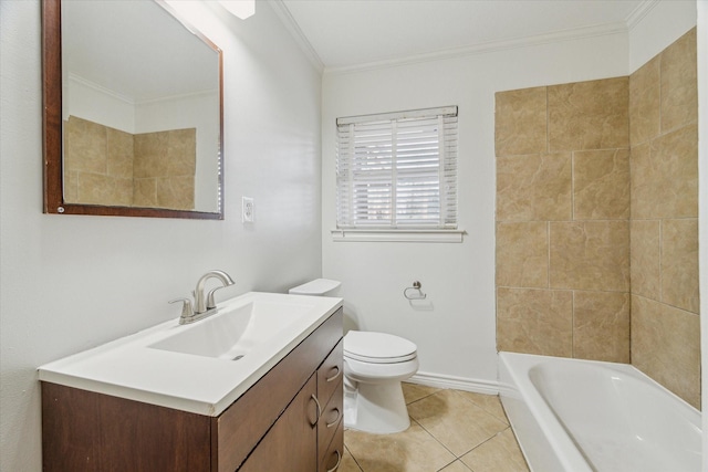 full bathroom featuring bathtub / shower combination, tile patterned flooring, vanity, toilet, and crown molding