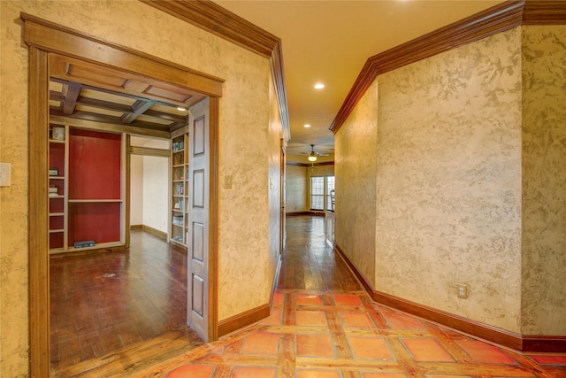 hall featuring beamed ceiling, crown molding, coffered ceiling, and hardwood / wood-style floors