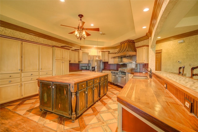 kitchen with premium range hood, sink, wooden counters, a tray ceiling, and stainless steel appliances