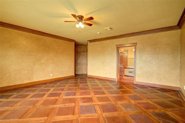 spare room with parquet flooring, ceiling fan, and ornamental molding