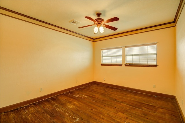 unfurnished room featuring crown molding, dark hardwood / wood-style floors, and ceiling fan