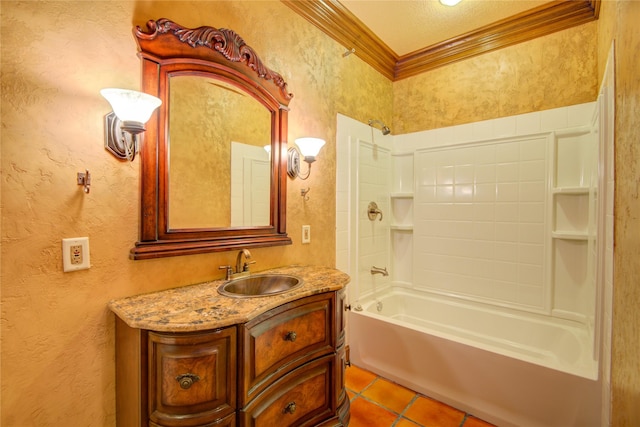 bathroom featuring vanity, crown molding, bathtub / shower combination, and tile patterned floors