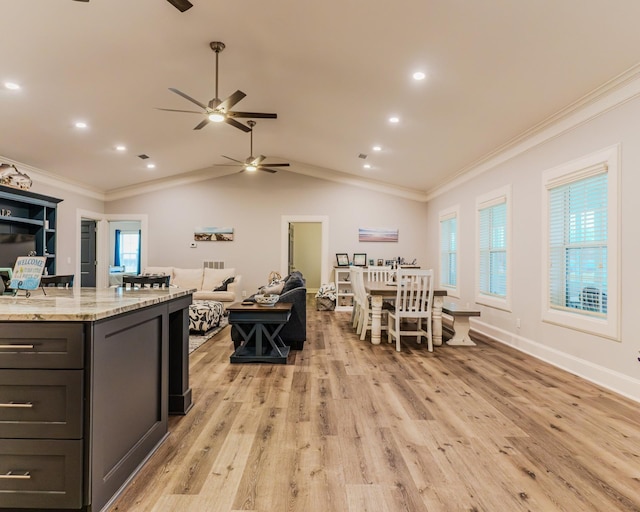 kitchen with crown molding, plenty of natural light, and light stone countertops