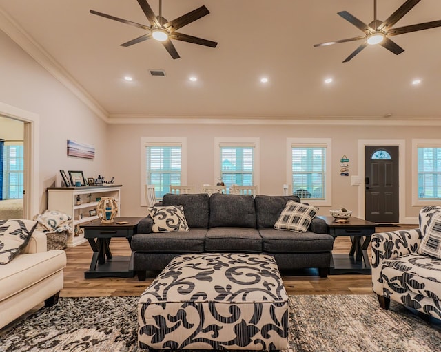 living room featuring ceiling fan, ornamental molding, and light wood-type flooring