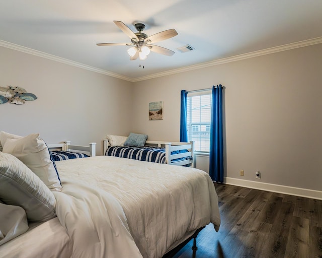 bedroom with ornamental molding, dark hardwood / wood-style floors, and ceiling fan