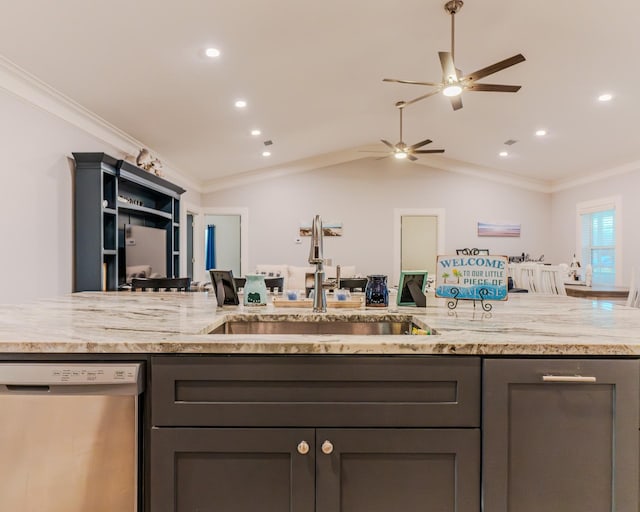 kitchen featuring crown molding, sink, gray cabinetry, and stainless steel dishwasher