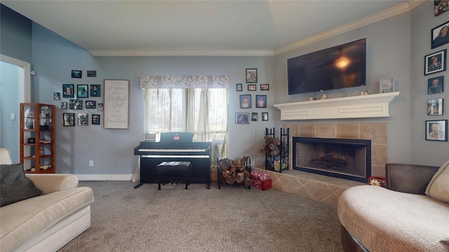 living room featuring light carpet, crown molding, and a fireplace