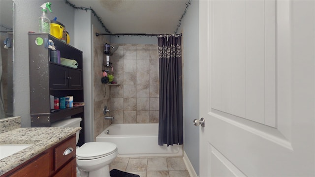 full bathroom featuring toilet, vanity, and shower / bathtub combination with curtain