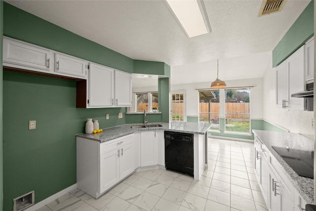 kitchen featuring sink, light stone counters, black appliances, white cabinets, and kitchen peninsula