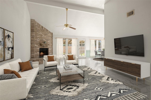 living room featuring ceiling fan, high vaulted ceiling, and a brick fireplace