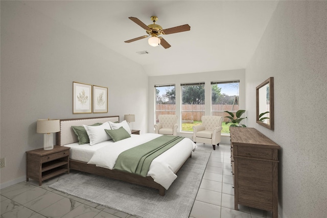 bedroom featuring vaulted ceiling and ceiling fan