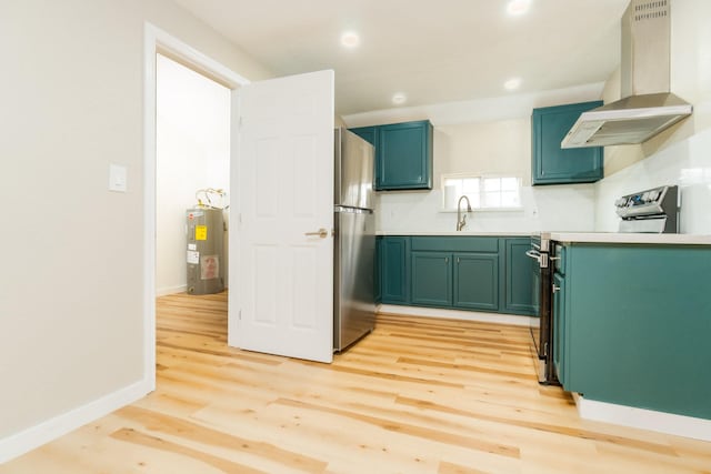 kitchen with extractor fan, sink, stainless steel appliances, and light hardwood / wood-style floors