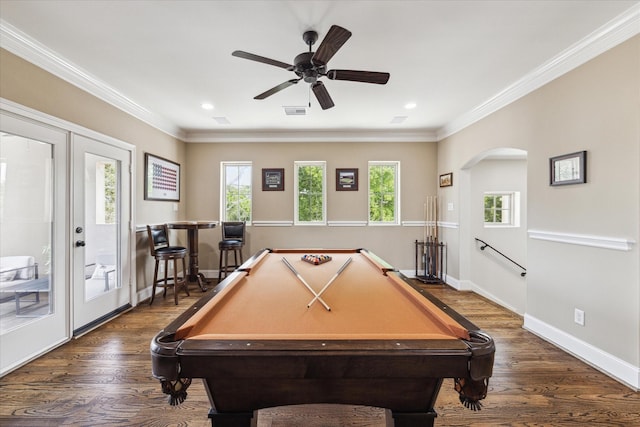 rec room with dark hardwood / wood-style flooring, pool table, and ornamental molding