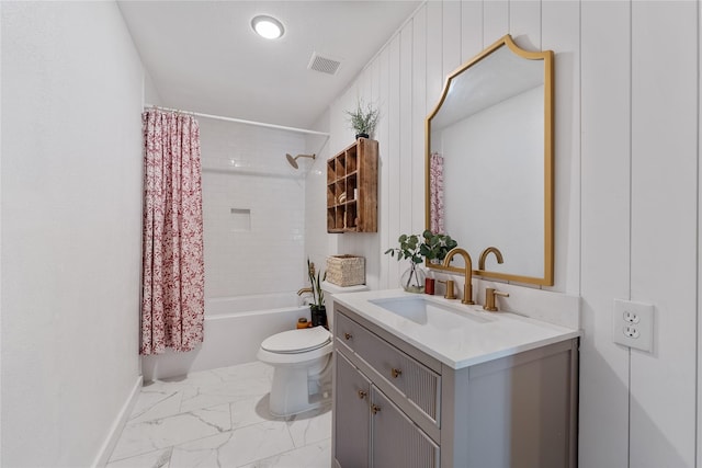 full bathroom featuring toilet, vanity, visible vents, marble finish floor, and shower / bathtub combination with curtain