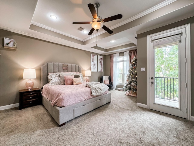 bedroom featuring crown molding, ceiling fan, a tray ceiling, access to outside, and light colored carpet