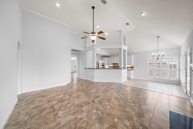 unfurnished living room with crown molding, high vaulted ceiling, ceiling fan with notable chandelier, and light tile patterned floors