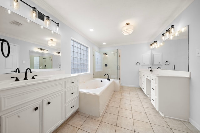 bathroom with independent shower and bath, crown molding, tile patterned floors, and vanity