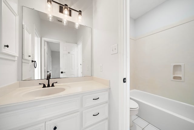 full bathroom with vanity, tile patterned flooring, toilet, and washtub / shower combination