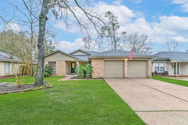 ranch-style home with a garage and a front yard