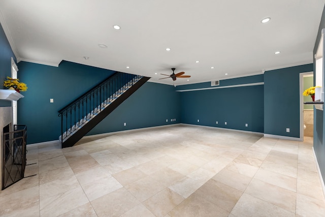 unfurnished living room featuring recessed lighting, a fireplace, visible vents, stairs, and ornamental molding