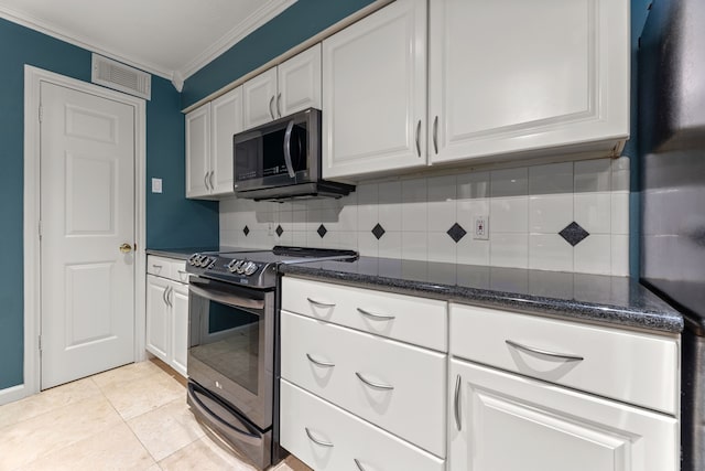 kitchen with light tile patterned flooring, visible vents, white cabinetry, electric stove, and ornamental molding