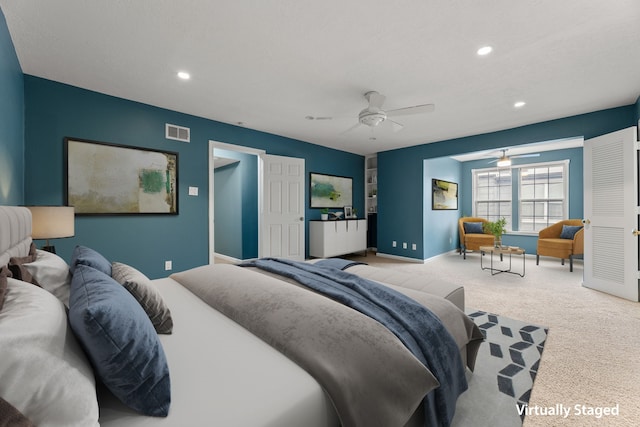 bedroom featuring recessed lighting, light colored carpet, visible vents, a ceiling fan, and baseboards