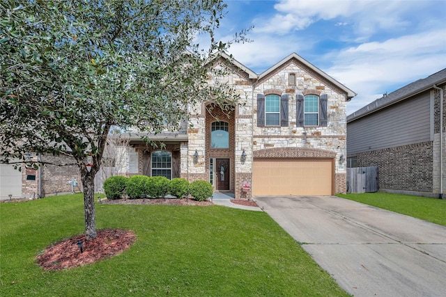 view of front of property with an attached garage, brick siding, concrete driveway, stone siding, and a front lawn