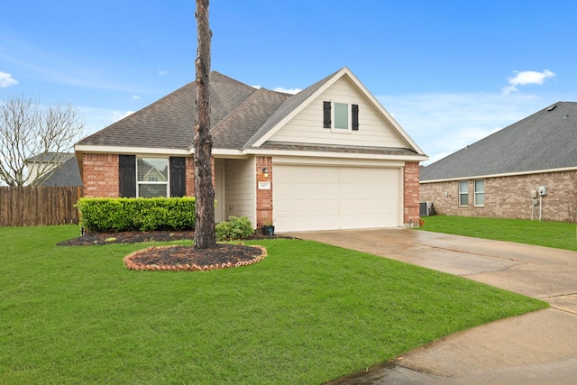 view of front facade featuring a garage, a front yard, and cooling unit