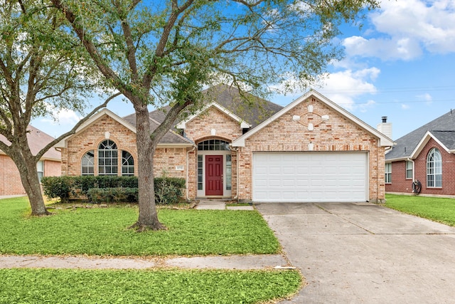 view of front facade featuring a garage and a front lawn